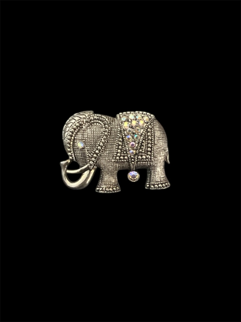 Vintage Silver Tone Elephant Brooch with Aurora Borealis Rhinestones